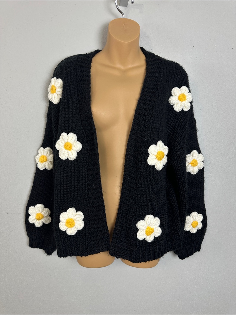Altar’d State Boho Black Chunky 3D Daisy Open Knit Cardigan Sweater